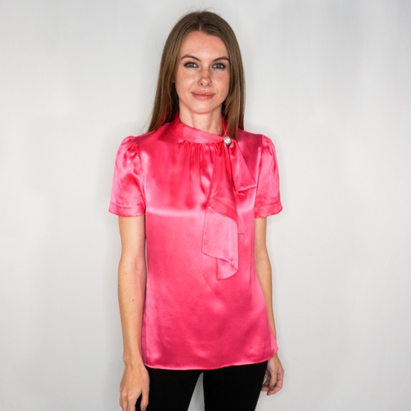 Milly Tops - MILLY Silk Pink Rhinestone Bow Blouse